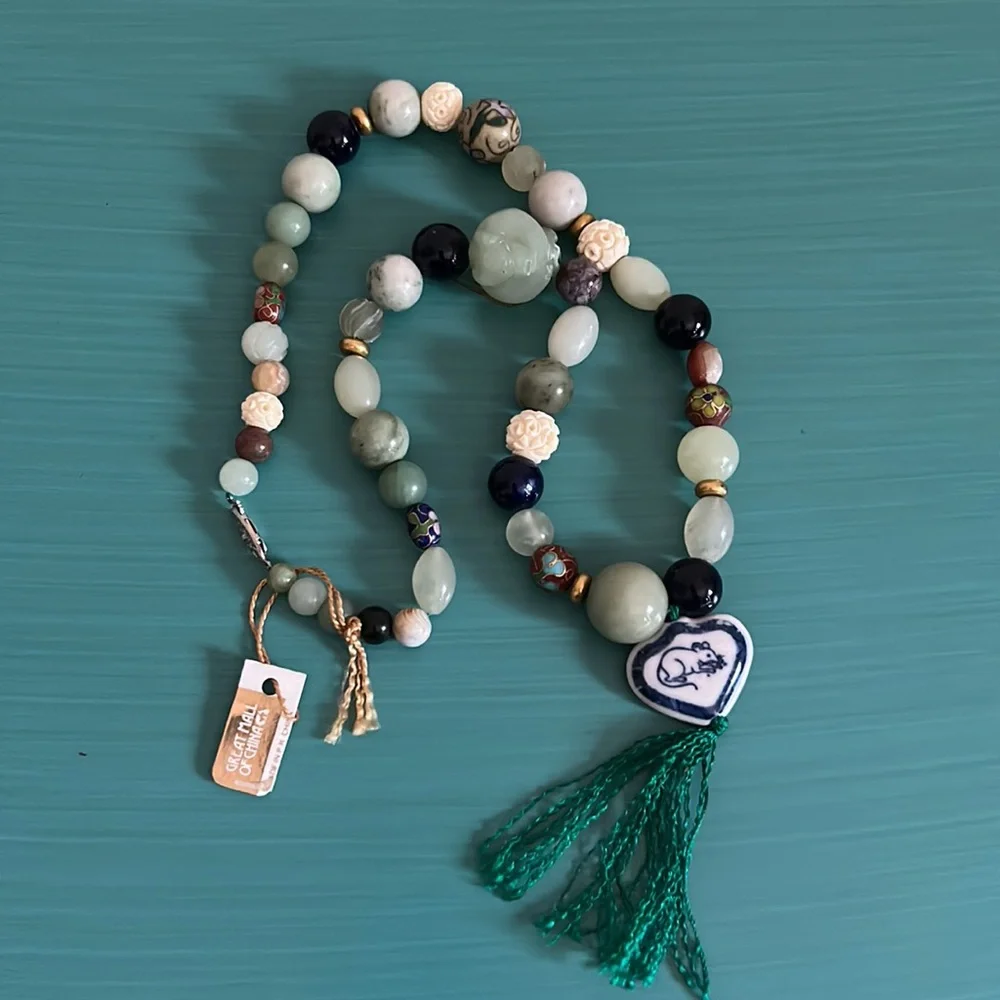 Zodiac YR of the Rat Pendant Tassel Mixed Gemstone Glass Cloisonné Bead Necklace